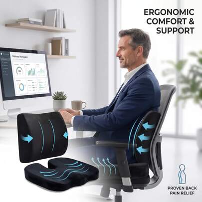 Enlarged Thickened Memory Foam Seat & Lumbar Support Cushion Set, Double Fixed Straps Ergonomic Back & Hip Cushion, Black, Portable Booster Pad For Office Chair Car Home Sofa, Ideal Present For Long-Time Sitters