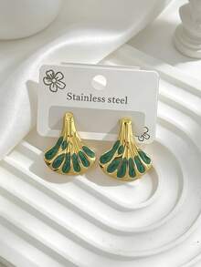 Vintage Fan-Shaped Color-Block Enamel Stainless Steel Earrings, Colorful Ginkgo Leaf Gold-Trim Exaggerated Stud Earrings, Women's Fashion Jewelry, Waterproof Hypoallergenic Elegant Daily Commute Party Gift Earrings - Multicolor - View 11