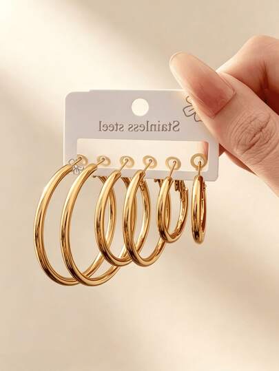 3 Pairs/Set Stainless Steel Gold Plated C-Shaped Earrings, Suitable For All Seasons, Daily Wear And Party Decoration, Christmas Gift