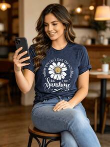 Women's Cotton Blend T Shirt  Short Sleeved Soft Loose Fit Daisy Print T Shirt With 'Be The Sunshine' Quote Lightweight Stretch Top Suitable - 藏蓝色 - 查看 2