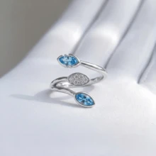 Exquisite Natural Style Blue Olive-Shaped Zirconia Leaf Open Ring - Women's Adjustable Hypoallergenic, Minimalist Natural Style Jewelry - Silver - View 4