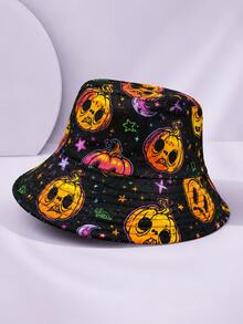 1pc Men's Reversible Halloween Print Bucket Hat, Black Lining, Pumpkin Ghost Bat Skull Pattern, Unisex Outdoor Party Sun Hat - Black - View 2