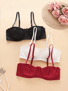 3 Sets Women Floral Lace Bra & Panty Lingerie Sets, Removable Straps Balconette Bra With Bow Decor, Matching Lace Briefs Intimate Underwear - Multicolor - View 3