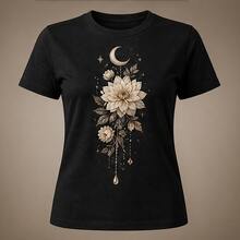 Women's Round Neck T-Shirt With White Dahlia Floral Print, Short Sleeve T-Shirt, Comfortable Casual Blouse For Office, Walk And Everyday Wear - 黑色 - 查看 4