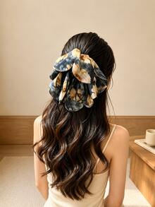 topshiny 1pc Women's Large Floral Print Flower Bow Ponytail Claw Clip, Layered Fabric Hair Clip With Long Ribbon Tail, Elegant Ponytail Hair Accessory - Multicolor - View 3