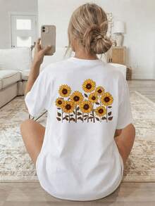 Women's Double-Sided Sunflower Print T-Shirt - Short-Sleeve Round Neck Blouse - Suitable For Casual Wear In All Seasons, Breathable Machine-Washable Fabric With Sunflower Field Design, Non-Opaque Top For Layering (No Style Modification), Breathable And Comfortable Wrinkle-Resistant Cotton T-Shirt - 白色 - 查看 2