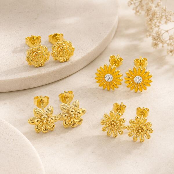 1Pair Fashion Classic Rose Daisy Golden Stud Earrings For Women