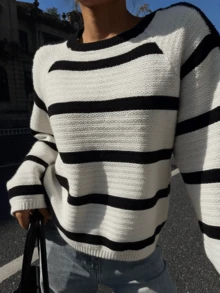 Women's Casual Striped Knit Crew Neck Long Sleeve Sweater, Versatile Fashion Knitwear For Spring & Autumn - Black and White - View 3