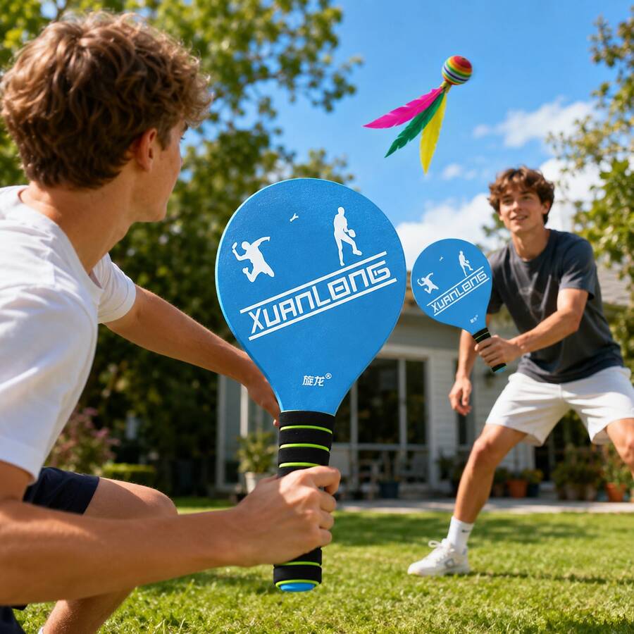 BSKT 1 Set Thickened Solid Wood Board Badminton Racket And Shuttlecock Paddle, Indoor/Outdoor Fitness Dual-Player Interactive Ping-Pong/Badminton Leisure Sports Set, One-Piece Thickened Solid Wood Board Material, Smooth Polished Without Burrs, Durable And Resistant To Cracking, Compatible With Shuttlecock And Board Badminton Play, Suitable For Home Living Room, Yard Lawn, Adult Daily Leisure Interactive Hand-Eye Coordination Exercise
