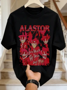 Men's Summer Casual Soft Round Neck Short Sleeve-Shirt,Red Cartoon Demon Print Graphic Daily Wear. - 黑色 - 查看 4