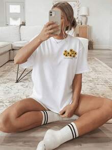 Women's Double-Sided Sunflower Print T-Shirt - Short-Sleeve Round Neck Blouse - Suitable For Casual Wear In All Seasons, Breathable Machine-Washable Fabric With Sunflower Field Design, Non-Opaque Top For Layering (No Style Modification), Breathable And Comfortable Wrinkle-Resistant Cotton T-Shirt - 白色 - 查看 3