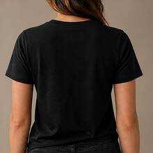 Women's Round Neck T-Shirt With White Dahlia Floral Print, Short Sleeve T-Shirt, Comfortable Casual Blouse For Office, Walk And Everyday Wear - 黑色 - 查看 3