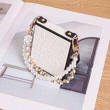 Luxurious Embossed Carved Embossed Floral Pattern Faux Leather Folding Phone Case With Hinge Protection Strap 1pc Faux Leather Pearl Floral Bracelet Phone Lanyard Compatible With Samsung Galaxy Z Flip 8/7/7FE/6/5/4 5G Foldable Phone Protective Cover - White - View 12