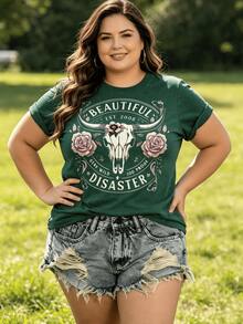 Vintage Bull Skull Pattern T-Shirt - Exquisite Printing, Women's Casual Fashion,  Streetwear, Soft Cotton Blended T-Shirt - 墨綠色 - 查看 7