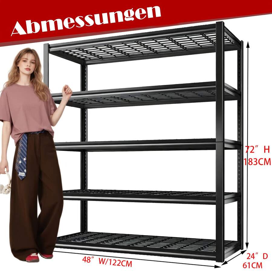 Schwerlastregal 5 Ebenen mit Gitterböden, Höhenverstellbar, Metall Lagerregal 183 x 122 x 61 cm, Robustes Garagenregal mit Anti-Rost & Kratzfester Oberfläche, Schraubenlose Montage in 10 Minuten, mit Rutschfesten Füßen & Kippschutz für Garage, Keller & Werkstatt. - CW183-122-61 - Übersicht 1