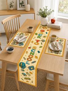 1pc-Back To School Table Runner And Placemats Set, Yellow Alphabet School Supplies Print Dining Decor, Farmhouse Kitchen Table Mats For Fall Classroom Party Home Decoration - Multicolor - View 3