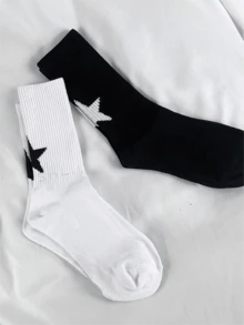 10雙個性化街頭風黑白星星休閒極簡時尚百搭中筒襪情侶中長襪 1/5/10/20雙 - 黑與白 - 查看 3