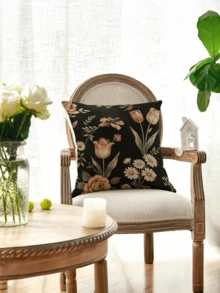 1/2/4Pcs 2D Flat Printed Exquisite Floral Pattern Single-Sided Printed Pillowcase Sofa Cover - Non-True Embroidery, Home Decor Pillowcase - Black and Pink - View 6