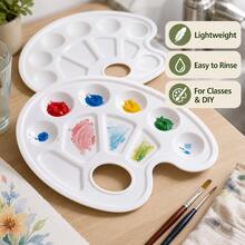 2er Set Weiße Kunststoff Farbpaletten mit Daumenloch und 10 Mischbereichen für Acryl Aquarell DIY Malerei - 2 weiße Kunststoffpaletten - Übersicht 8