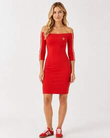 Adidas Originals Trefoil Shoulder Dress - Off-The-Shoulder Fitted Side Stripe Dress (Red) - Red - View 3