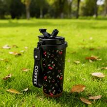 1個18盎司花卉圖案手柄吸管保溫隨行杯，黑色隔熱旅行杯附蓋，可愛莓果葉紋不鏽鋼水瓶，可重複使用咖啡杯，適合女性、辦公室、車上、健身房、日常使用禮物 - 黑色 - 查看 7