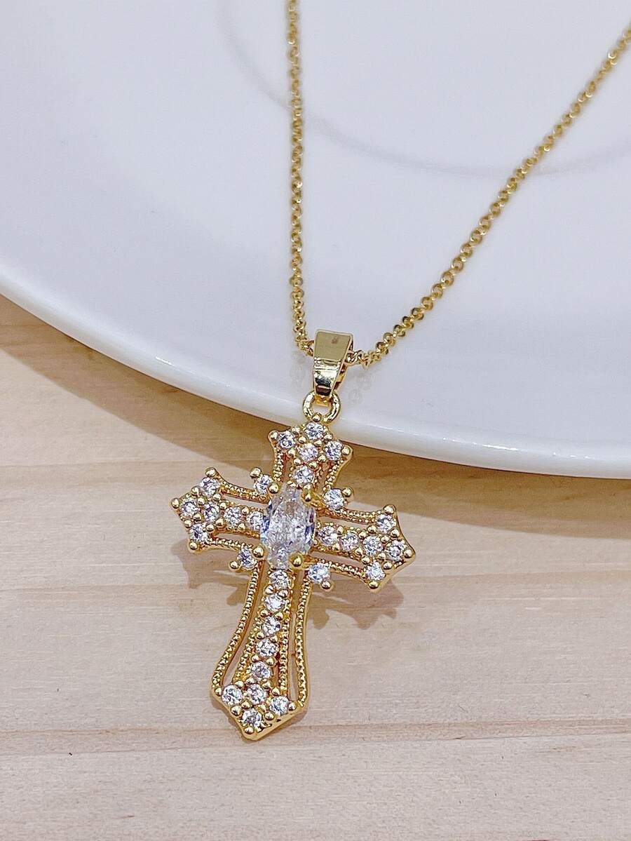 1pc Fashionable Minimalist Stainless Steel Chain Necklace With Luxury Zirconia Embedded Cross Pendant, No Gift Box - Yellow Gold - View 1
