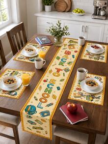 1pc-Back To School Table Runner And Placemats Set, Yellow Alphabet School Supplies Print Dining Decor, Farmhouse Kitchen Table Mats For Fall Classroom Party Home Decoration - Multicolor - View 8