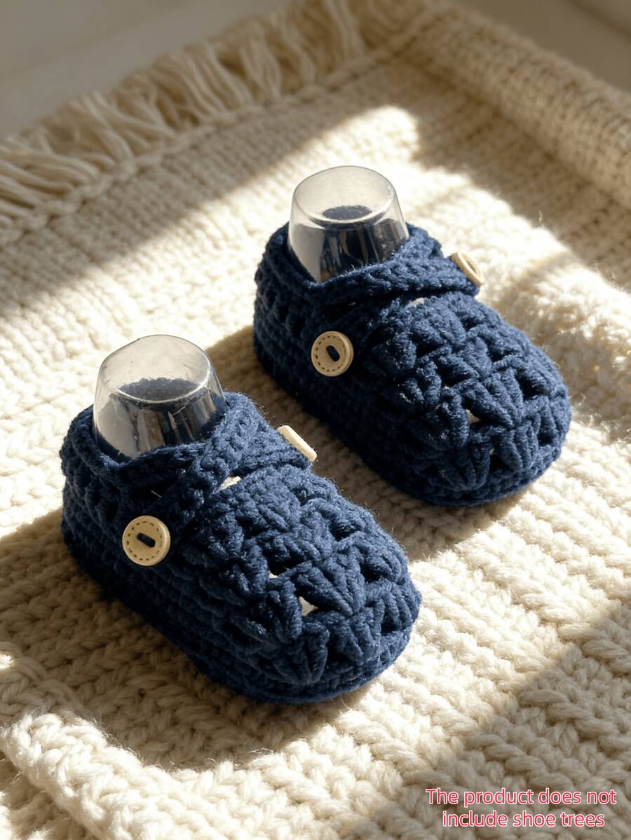 1 par de botitas hechas a mano para bebé, zapatos de ganchillo de color morado claro con detalles de hebilla, adecuados para tallas de bebé - Azul Marino - Ver 1