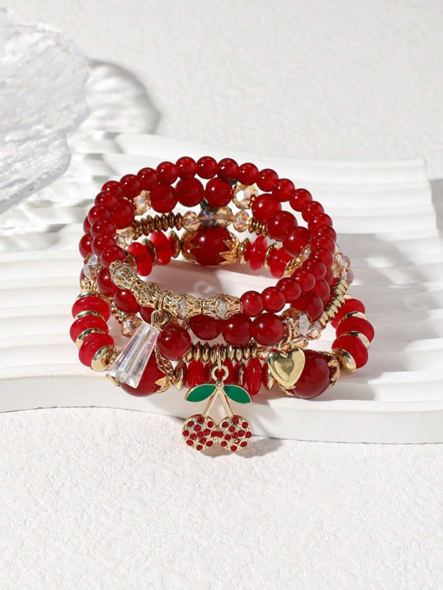 Set Gelang Manik-Manik ABS Merah dan Liontin Ceri Multifungsi 4 Buah/Set, Cocok untuk Pemakaian Sehari-hari dan Liburan Wanita