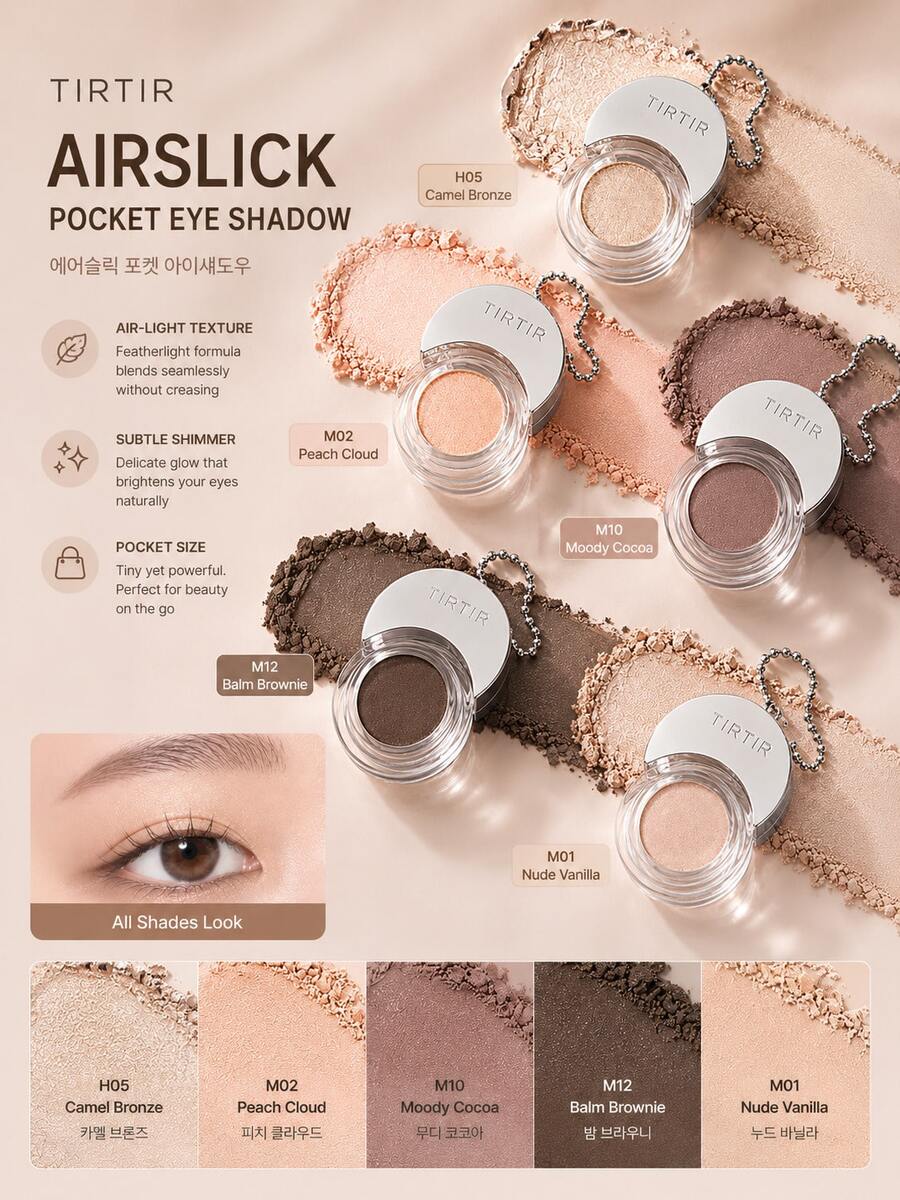 TIRTIR Airslick 口袋眼影盤 1.5g 迷你霧面閃亮亮片眼影 防水持久 成人化妝品 夏季節慶旅行彩妝 假日派對禮物必備 5 個單色可選