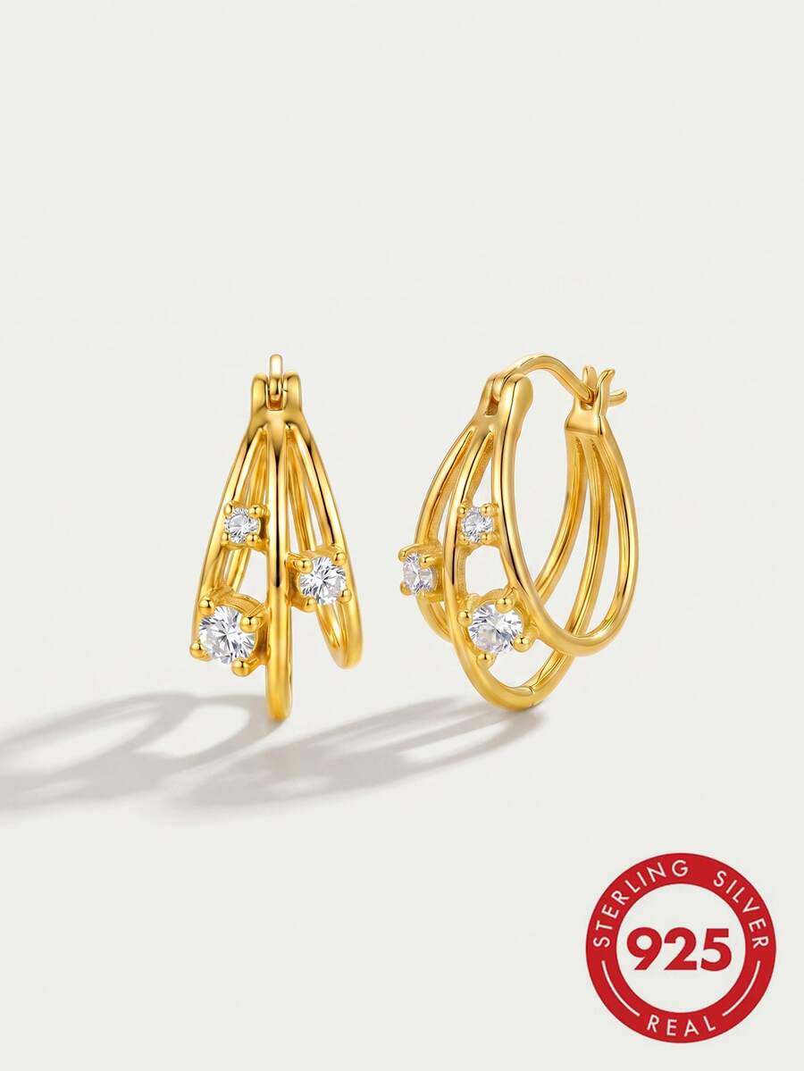 Luxury Sparkling Hoops, Three-Circle Zirconia S925 Silver Earrings With Gift Box For Party & Wedding - Multicolor - View 1
