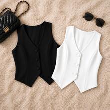 Set Of 2 Women's Tailored Vests With V-Neck And Covered Buttons - 黑與白 - 查看 1