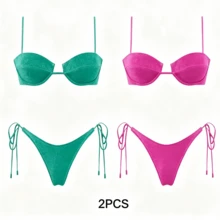 Women's Glossy String Bikini Set Soild Swimsuit Women's Fashion Bikini Green Halter Sport Swimsuit Beach Vacation Low Cut Shiny - 綠色+玫瑰紅 - 查看 7