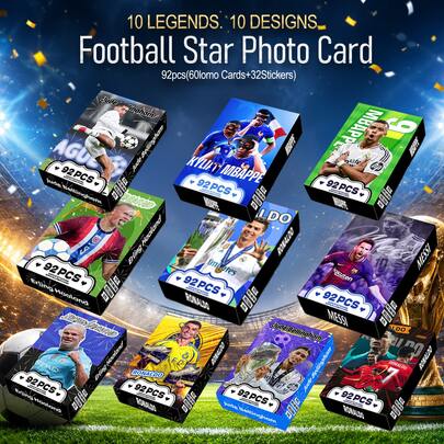 92pcs Football Star Photo Cards, Football Star Fan Merch Goods, New Album & Songs, Idol Merch Gift For Friends Birthday, 1 Box 92pcs Cards (60 Lomo Cards + 32 Stickers), Football Star Cards, Card Collection, Exquisite Decoration, Exquisite Small Gift, Holiday Gift, Collectible