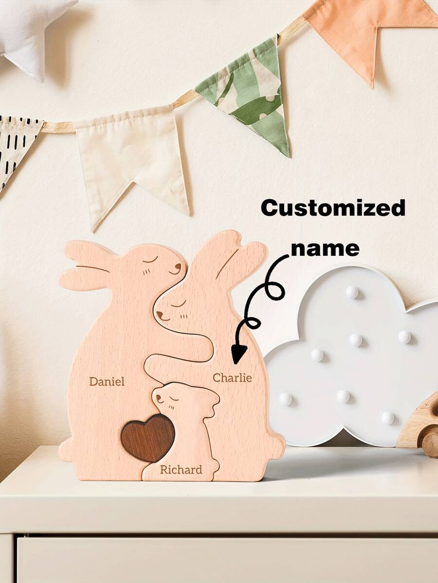 Customized Name Wooden Rabbit Ornament With 2-5 Names Family Name Sign, Children's Room Decor, Multi-Purpose Home Decoration, Perfect Gift For Mom, Kids, Christmas, Thanksgiving, Mother's Day And Birthday - Nude - View 1