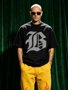 Men's Summer Casual Soft Round Neck Short Sleeve-Shirt,Gothic Letter B Print Graphic Daily Wear. - Black - View 3