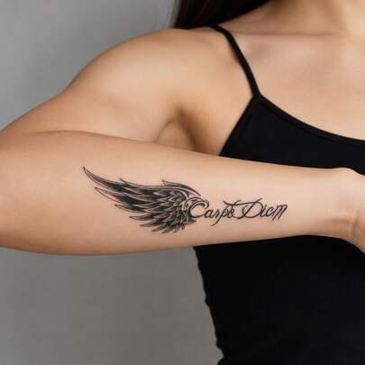 1pc Waterproof Anti-Rub PVC Realistic Tattoo Sticker, Wing & Letter Pattern "Seize The Moment" Design, Suitable For Daily Wear