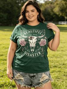 Vintage Bull Skull Pattern T-Shirt - Exquisite Printing, Women's Casual Fashion,  Streetwear, Soft Cotton Blended T-Shirt - 墨綠色 - 查看 6