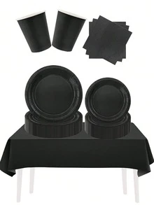 10件黑色派對用品，黑色紙盤一次性餐具套裝，派對盤，黑色紙盤和餐巾紙，適用於生日派對、週年紀念、戶外露營、野餐、黑色主題派對裝飾 - 彩色 - 查看 2