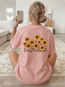Women's Cotton T-Shirt, Round Neck, Short Sleeves, With Sunflower Print. Breathable, Comfortable, Casual And Bohemian Style, Ideal For Spring And Summer, Everyday Wear. - 粉色 - 查看 2