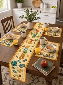 1pc-Back To School Table Runner And Placemats Set, Yellow Alphabet School Supplies Print Dining Decor, Farmhouse Kitchen Table Mats For Fall Classroom Party Home Decoration - Multicolor - View 6
