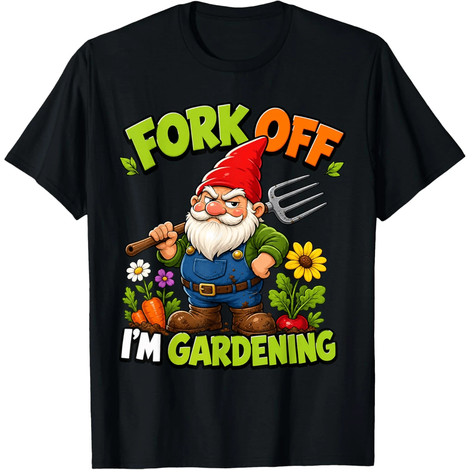 Fork Off I'm Gardening Funny Rude Gnome Humour T-Shirt - Black - View 1