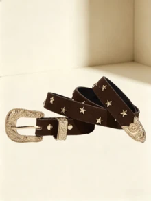 1pc Casual Vintage Style Floral Carved Metal Brown PU Women's Belt, Suitable For Jeans, Casual Pants, Daily Wear, Fashion Style, Outdoor Activities, Western Gatherings, Valentine's Day, Halloween, Music Festivals, Women, Mothers, Gifts, Birthdays, Vintage, Travel, All Season Outfits, Vacation - Star-shaped Coffee-colored Suede - View 5