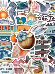 50pcs Summer Aesthetic Stickers, Beach Vacation Theme Waterproof Decals, Suitable For Water Bottles, Skateboards, Laptops, Phones, Journals, Scrapbooks - Multicolor - View 1