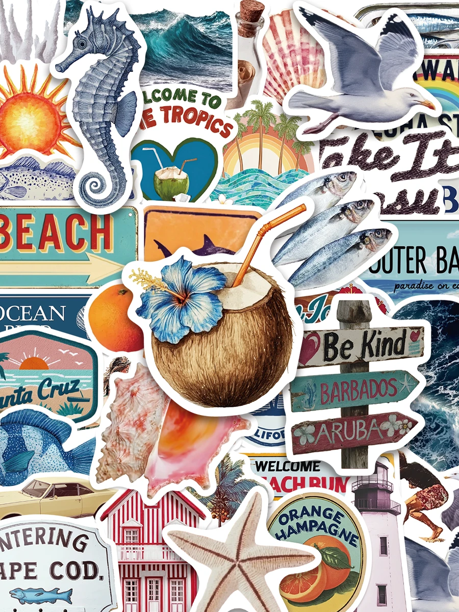 50pcs Summer Aesthetic Stickers, Beach Vacation Theme Waterproof Decals, Suitable For Water Bottles, Skateboards, Laptops, Phones, Journals, Scrapbooks - Multicolor - View 1