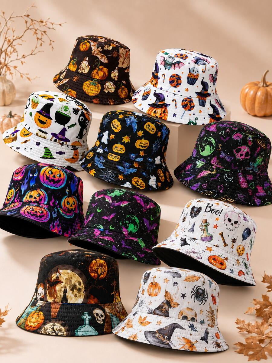 1pc Men's Reversible Halloween Print Bucket Hat, Black Lining, Pumpkin Ghost Bat Skull Pattern, Unisex Outdoor Party Sun Hat - Black - View 1