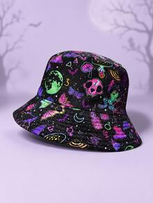 1pc Men's Reversible Halloween Print Bucket Hat, Black Lining, Pumpkin Ghost Bat Skull Pattern, Unisex Outdoor Party Sun Hat - Black - View 8