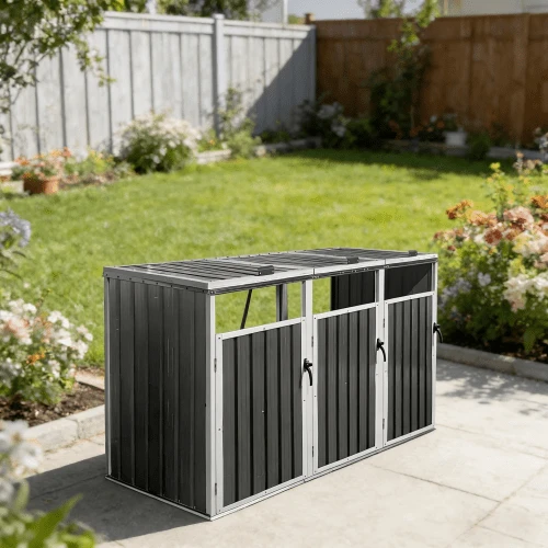 Shelter For 3 Bins, Compatible With Bins Of 240 L And Less, Protective Metal Roof For Outdoor Use. - 灰色 - 查看 1