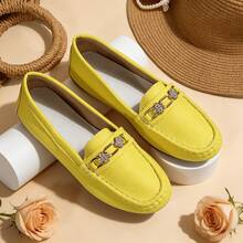 2026新款女款亮黃色皮革樂福鞋，水鑽三葉草金屬扣設計易穿脫，超柔軟防滑平底鞋，適用於開車、工作和日常行走 - 黃色 - 查看 7