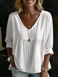 Blusa casual de mujer con cuello en V, manga 3/4, longitud regular, tela de poliéster, blanco primavera/verano - Blanco - Ver 1